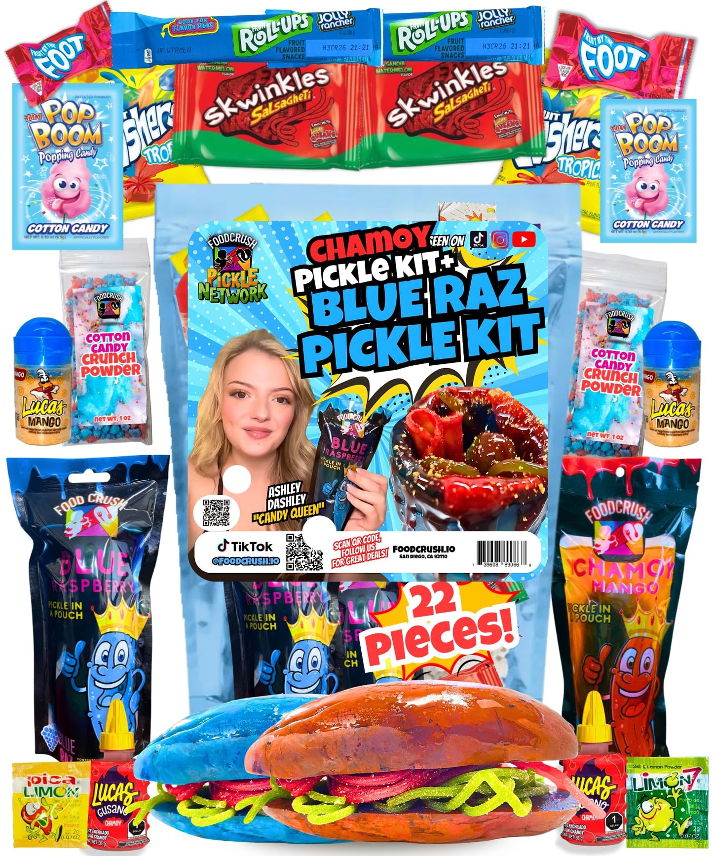 Ashley Dashleys-Chamoy Pickle Kit + Blue Raspberry Pickle Gift Pouch-W/Cotton Candy Crunch Powder, Fruit Roll Ups-Tiktok Trend Items By Foodcrush