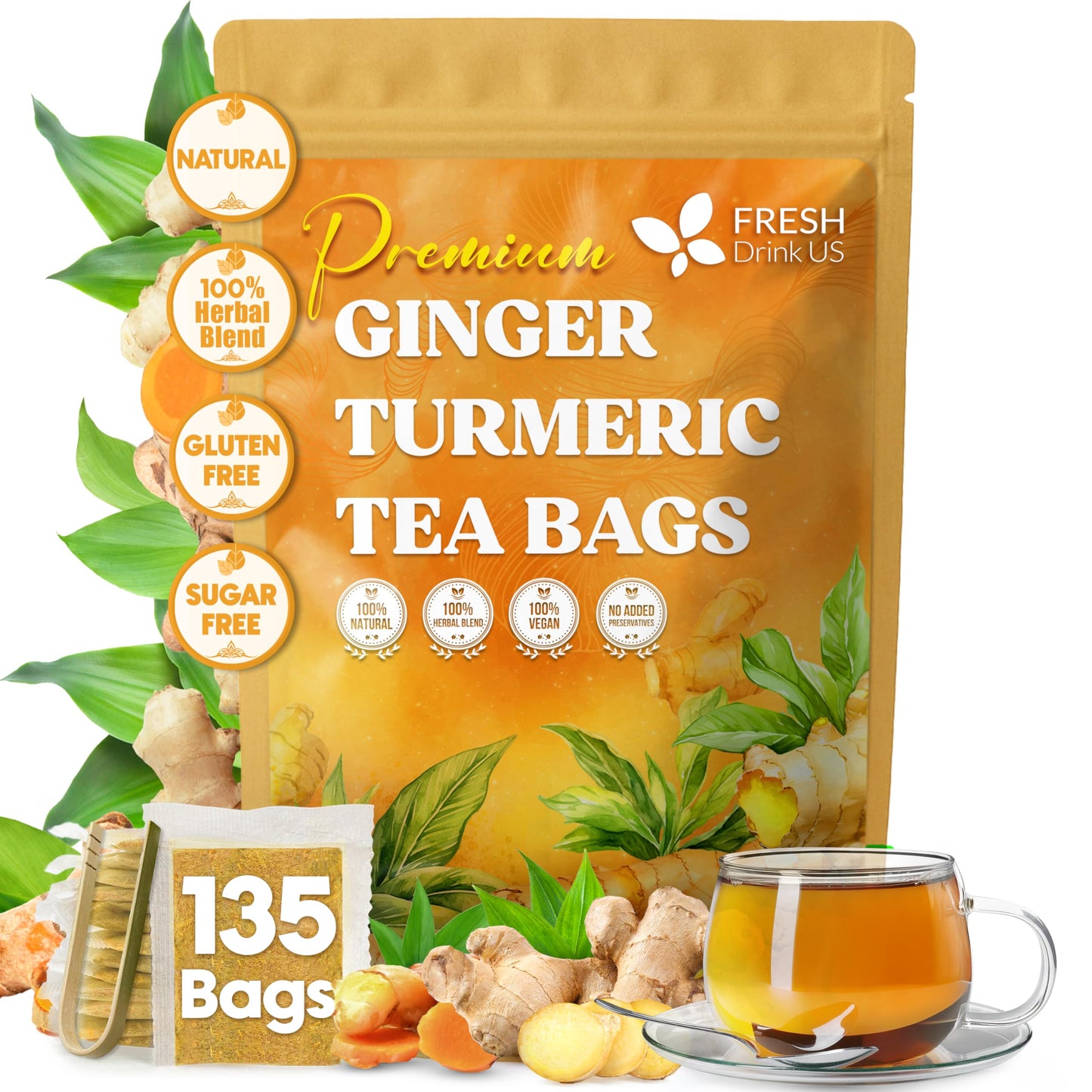 FRESHDRINKUS Premium Turmeric Ginger Tea Bags, 100% Natural, Vegan, 135 Bags