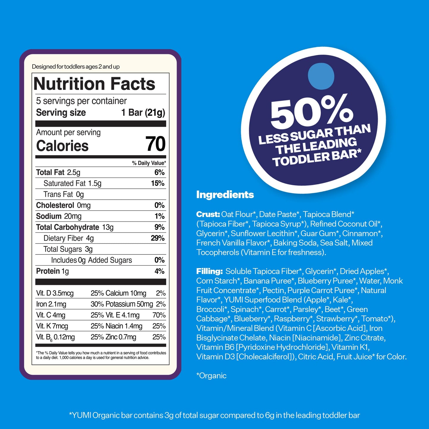 Yumi Organic Toddler Snacks Bars - Gluten-Free  No Added Sugar  7+ Vegetables  Soft-Baked Crust Yumi Bars  Healthy Toddler Organic Snacks - School Safe and for Lunch Boxes  Blueberry & Purple Carrot (30ct.)