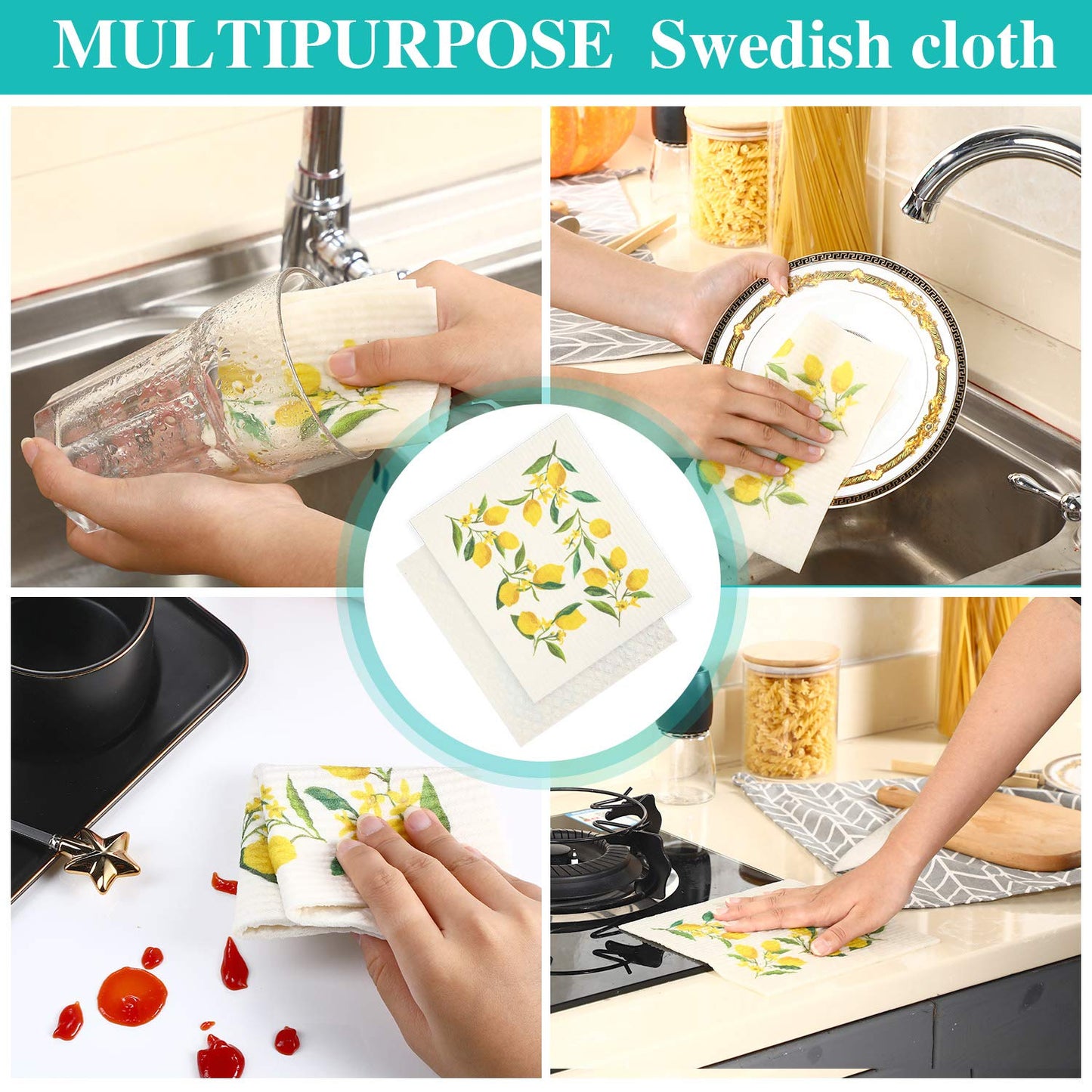 Boao Set Of 6 Lemon Swedish Kitchen Dishcloths Cleaning Cloths Absorbent Cloth No Odor Reusable Dish Towel For Kitchen, Hand, Counter Wipes