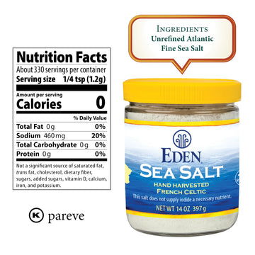Eden Sea Salt, Hand Harvested French Celtic, Stone Ground (Fine), 82 Trace Minerals, Unrefined, Glass Jar, 14 oz
