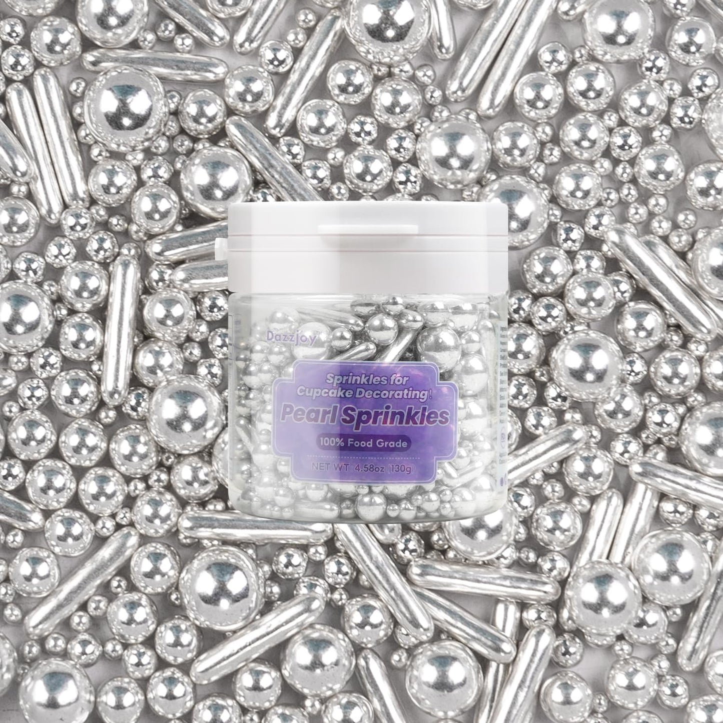 Dazzjoy Silver Pearl Rods Sprinkles, 130G/4.58Oz, Mix Size, Pearl Sprinkles For Cupcake Decorating, Cupcake Toppers, Cake Decora