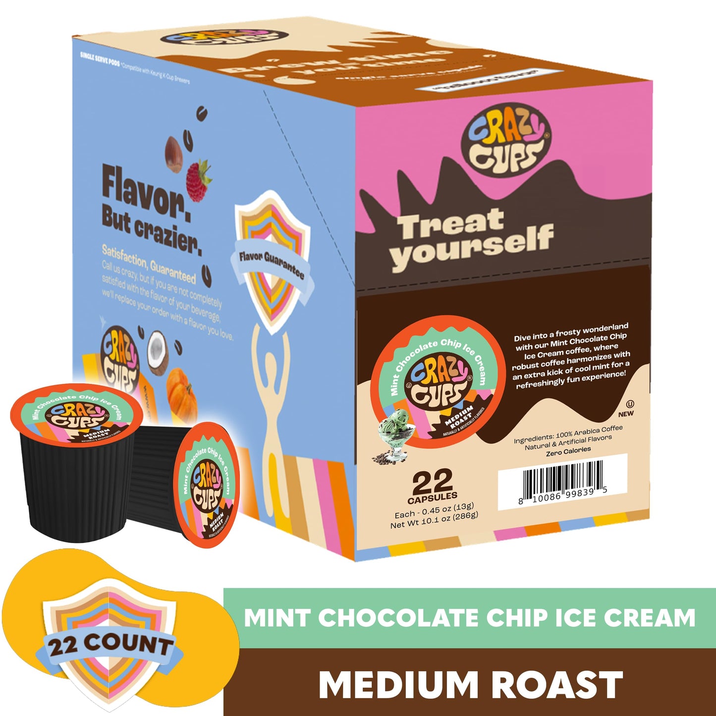 Crazy Cups Chocolate Coffee Pods, Mint Chocolate Chip, 22 Count for K Cup Keurig Machines, Brew Hot or Iced