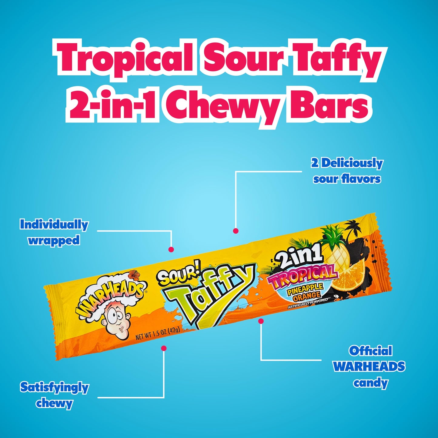 Warheads Tropical Sour Taffy 2-In-1 Chewy Bars - Tropical Candy Variety Pack - Assorted Flavors, Individually Wrapped Chewy Bars
