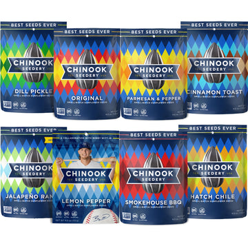 Chinook Seedery Roasted Jumbo Sunflower Seeds - Keto Snacks, Gluten-Free, Non-Gmo, 8 Flavor Variety Pack 4 Oz (12-Pack)
