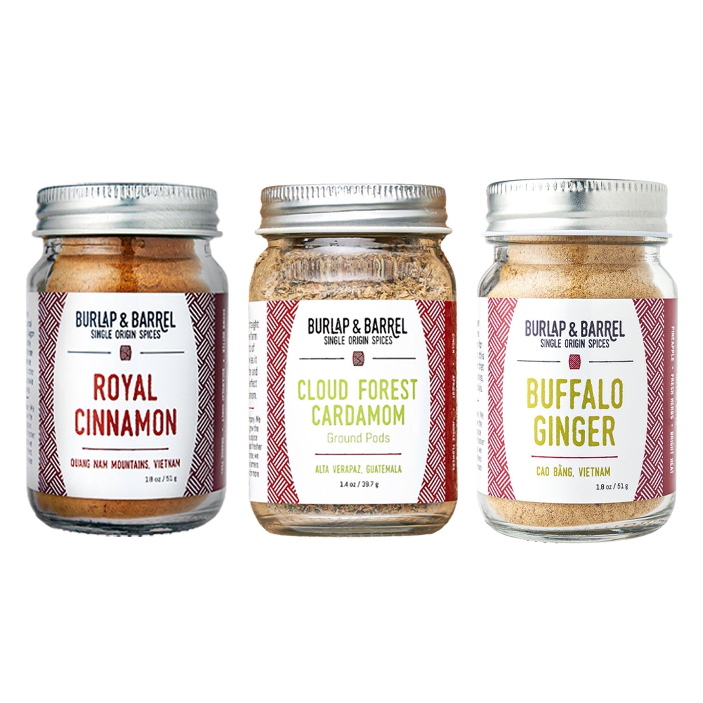 Burlap & Barrel Sweet Spice Set - 3 Full Size Jars of Cinnamon, Cardamom, Ginger - 1.83 oz Pack of 3