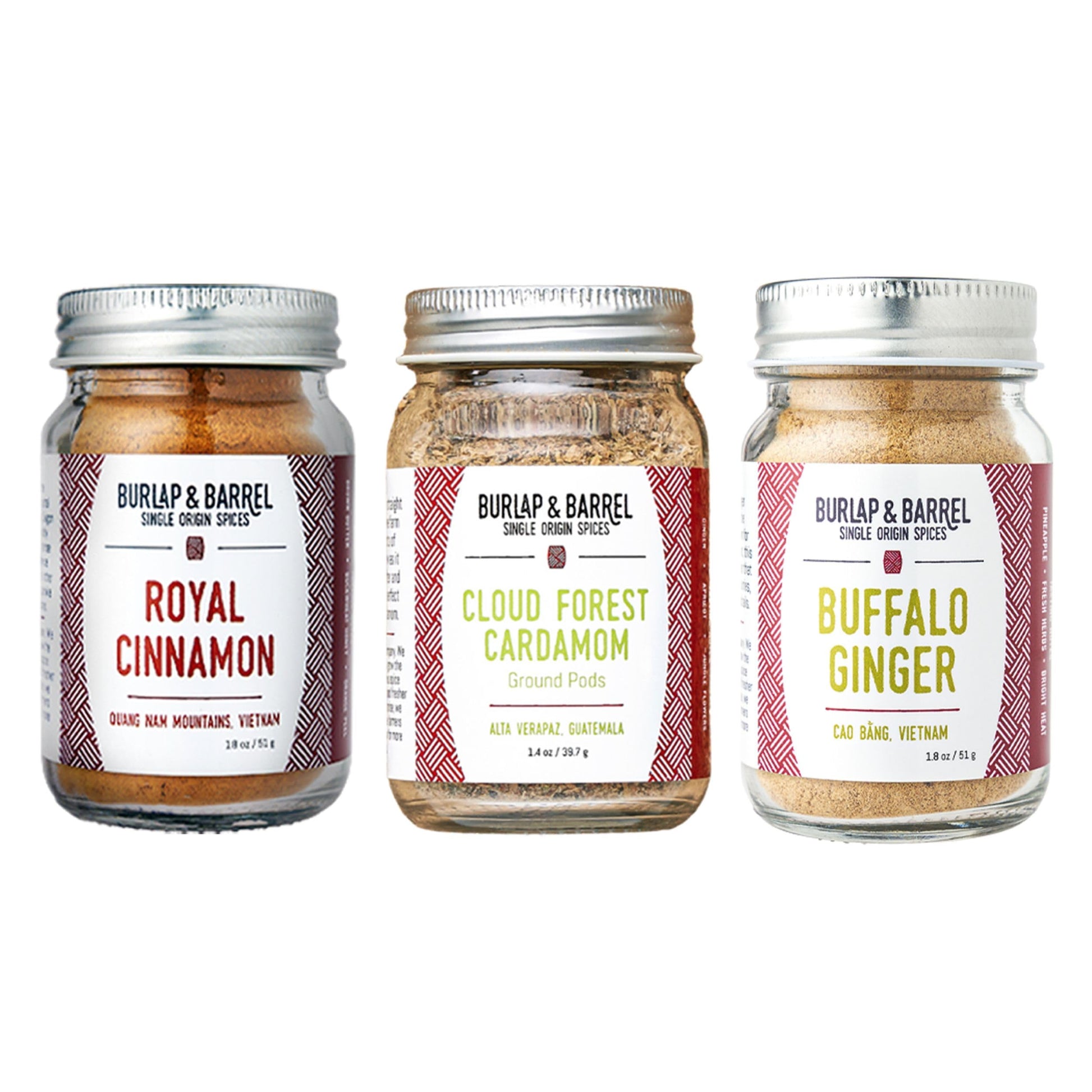 Burlap & Barrel Sweet Spice Set - 3 Full Size Jars of Cinnamon, Cardamom, Ginger - 1.83 oz Pack of 3