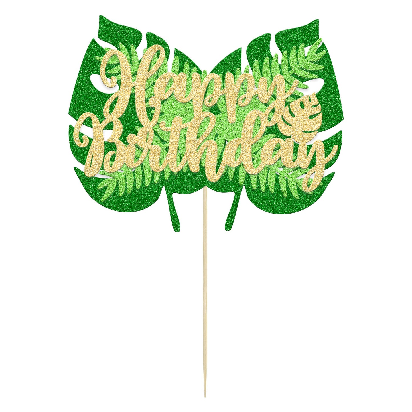 Gyufise 1Pcs Happy Birthday Tropical Leaves Cake Topper Green Glitter Jungle Palm Leaf Cake Decoration For Jungle Theme Kids Bir