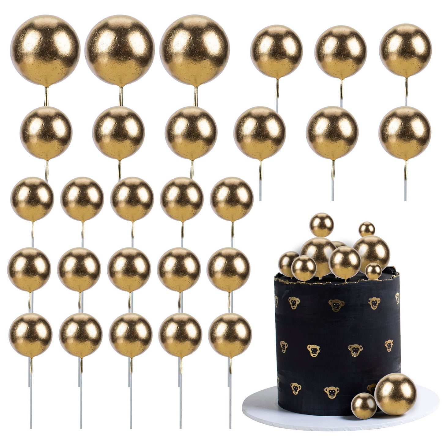 Gyufise 30Pcs Mini Balloon Cake Topper Gold Foam Ball Cake Picks Cupcake Faux Pearl Balls Diy Cake Insert Topper Decoration For