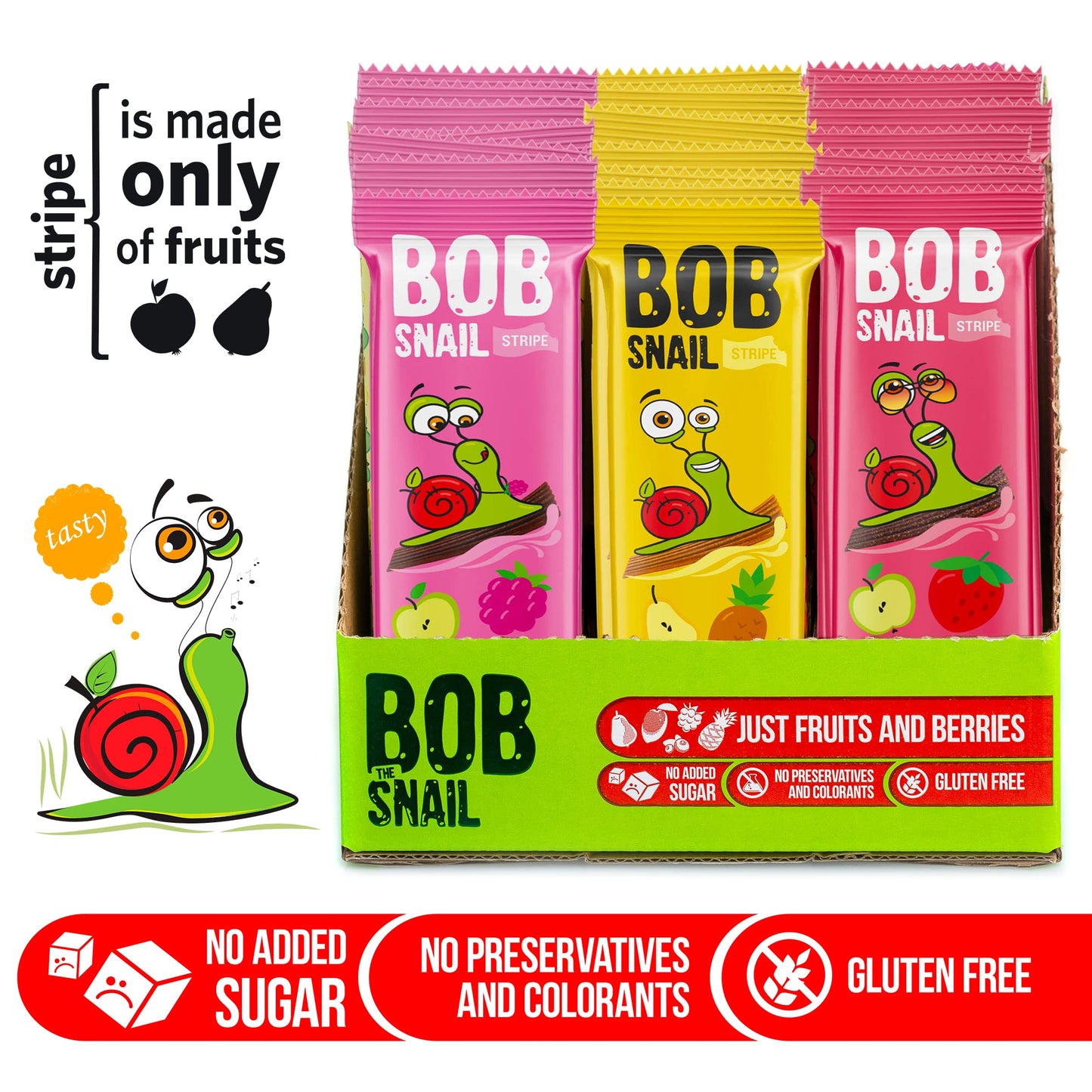 BOB SNAIL Healthy Fruit Snacks for Kids and Adults - 30 Fruit Leather Snacks with Apple, Banana, Strawberry - Vegan Low-Carb Var