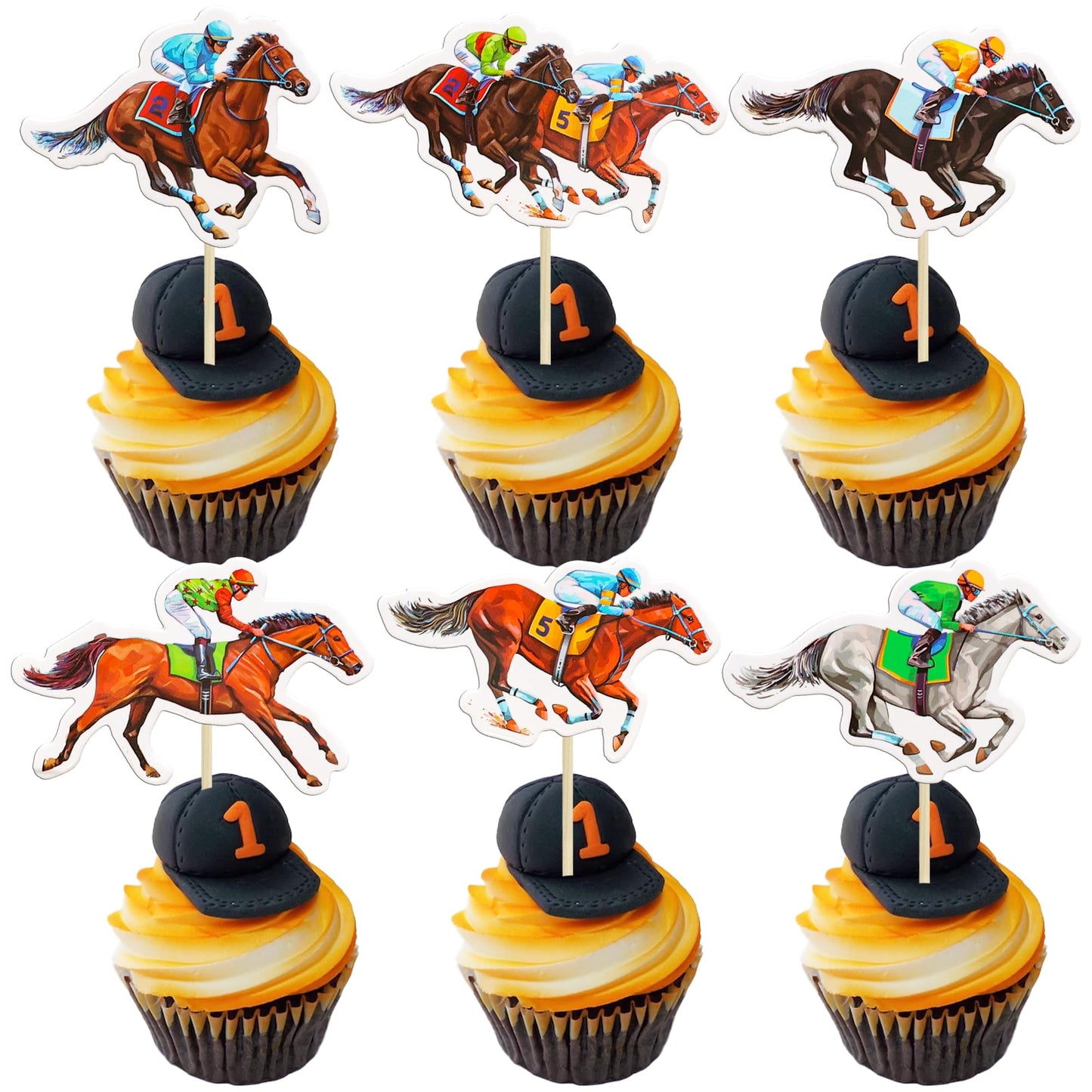 Ephlyn Horse Racing Cupcake Toppers, 36Pcs, Brown/White/Pink/Red, 2.4W x 3.9H, Kentucky Derby Party Supplies
