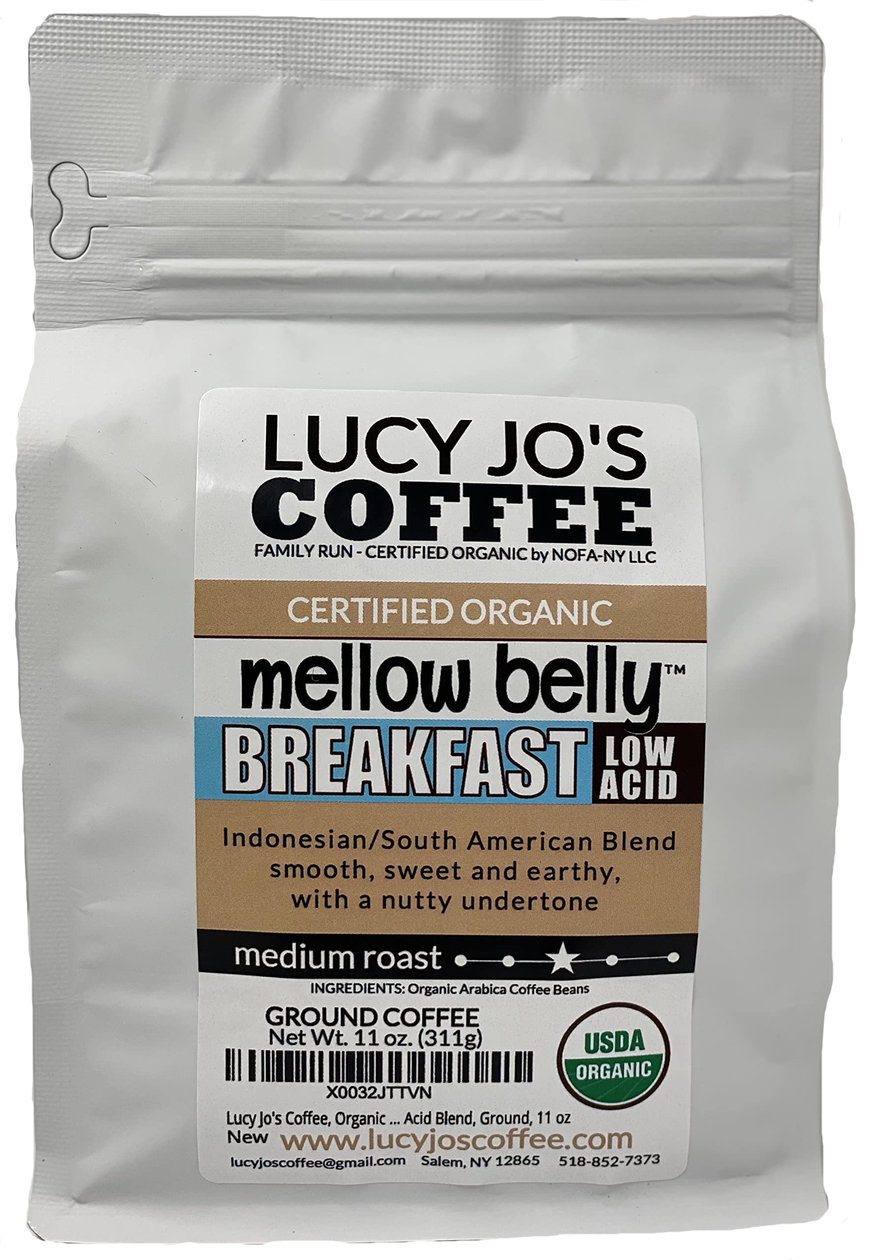 Lucy Jos Coffee Organic Mellow Belly Breakfast Low Acid Blend Ground Coffee, Medium Roast, 11 oz