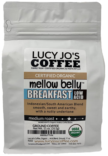 Lucy Jos Coffee Organic Mellow Belly Breakfast Low Acid Blend Ground Coffee, Medium Roast, 11 oz