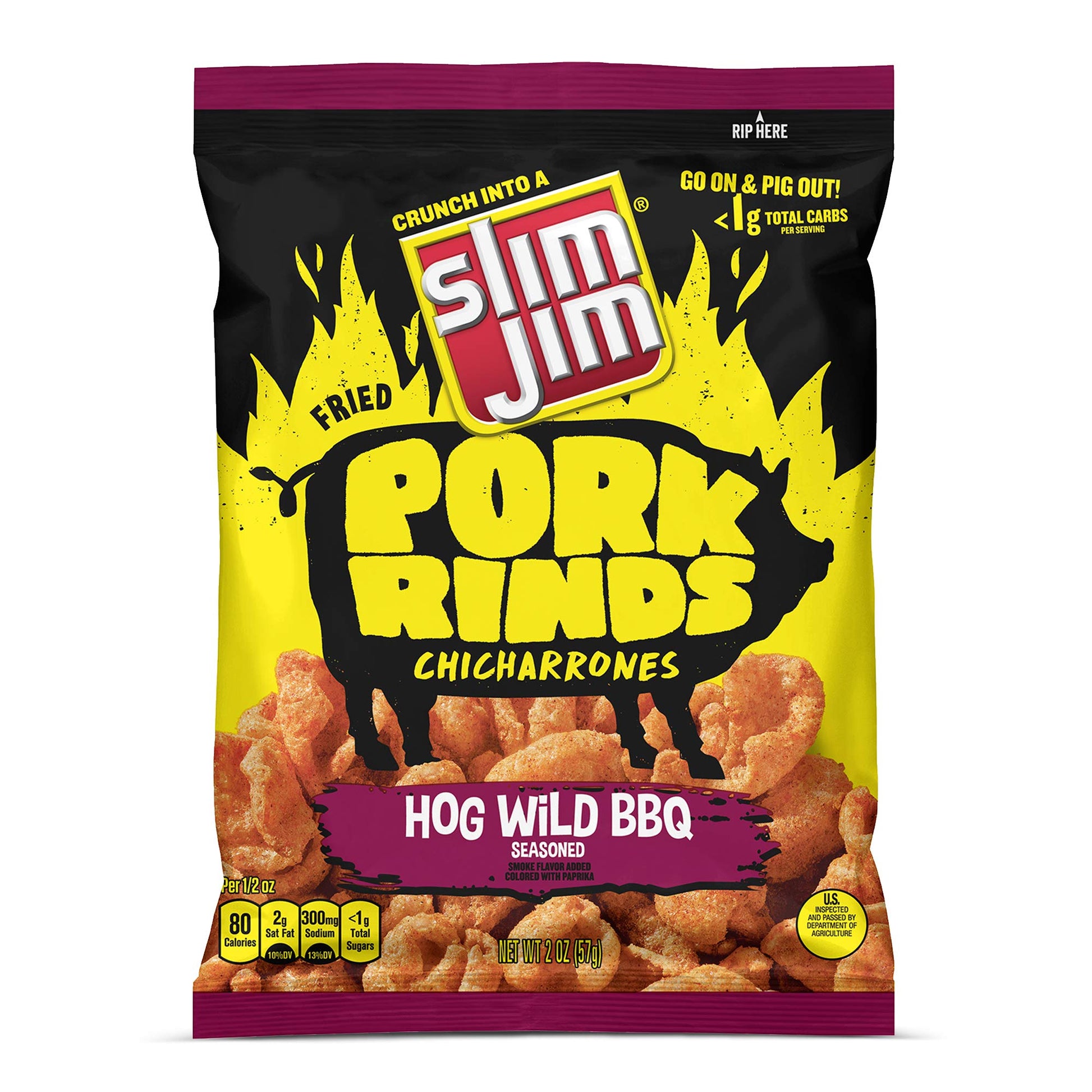 Slim Jim Pork Rinds Hog Wild Bbq Fried Snacks, Keto Friendly, 2 Oz. Bag 12-Count