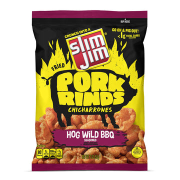 Slim Jim Pork Rinds Hog Wild Bbq Fried Snacks, Keto Friendly, 2 Oz. Bag 12-Count