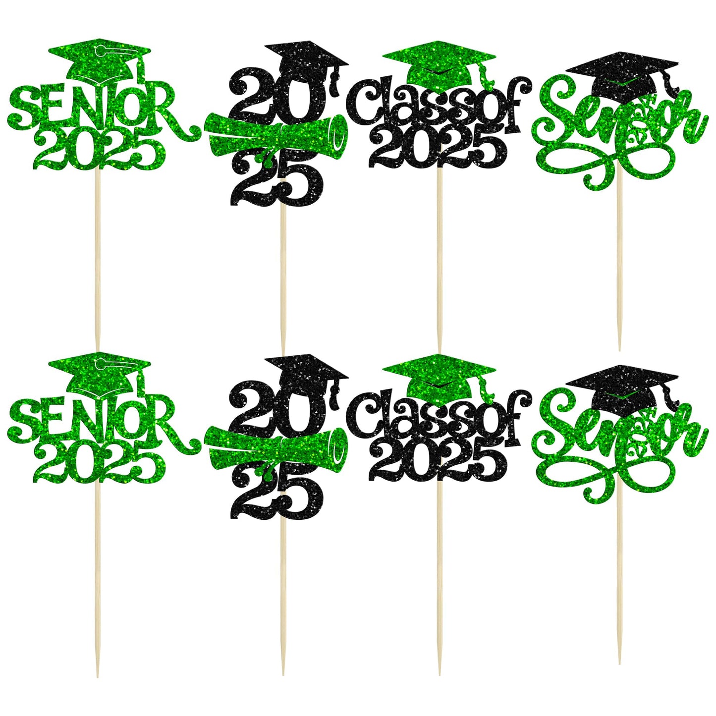 Gyufise Graduation Cupcake Toppers, 24 Pcs Green Glitter Picks for Class of 2025, Paper Decorations for Graduation Party Supplies