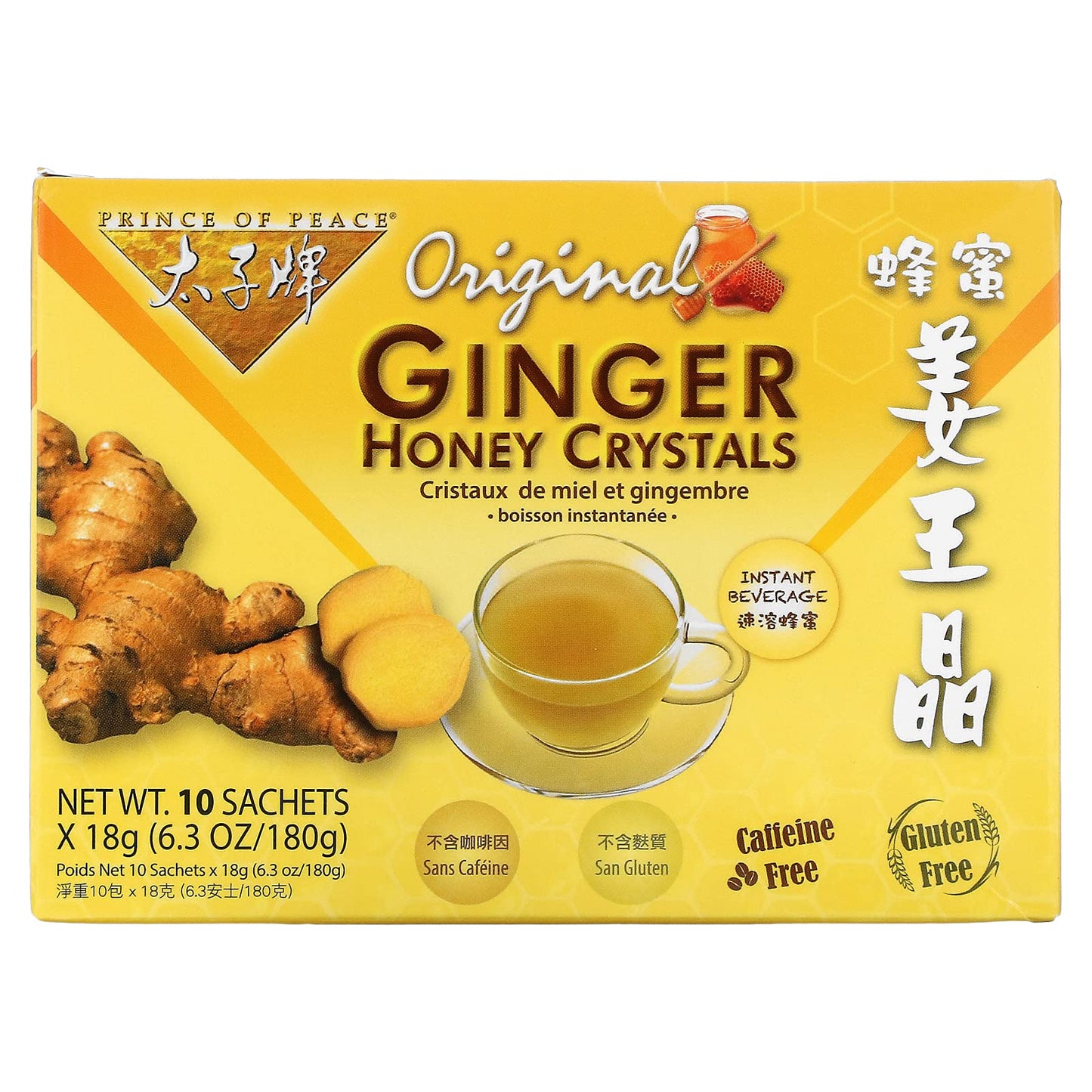 Prince Of Peace Instant American Ginseng Ginger Honey Crystals, 10 Sachets - Instant Hot Or Cold Beverage - Easy To Brew Ginger And Honey Crystals