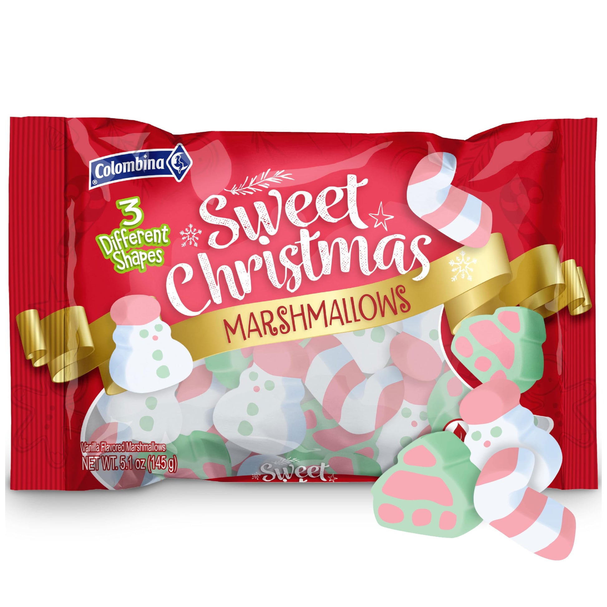 Colombina Sweet Christmas Marshmallows, Soft, Assorted Vanilla Bean Marshmallows, Christmas Trees, Candy Canes, And Santas, 5.1Oz (Pack Of 1)