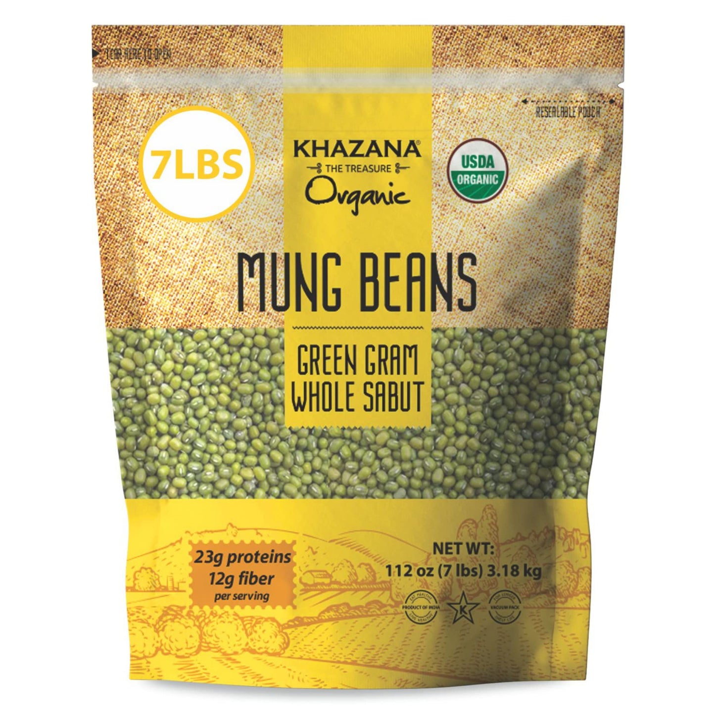 Khazana Organic Mung Beans (7lb) - Green Gram Whole Sabut - Non GMO, Gluten Free & Kosher - Authentic Lentils from India