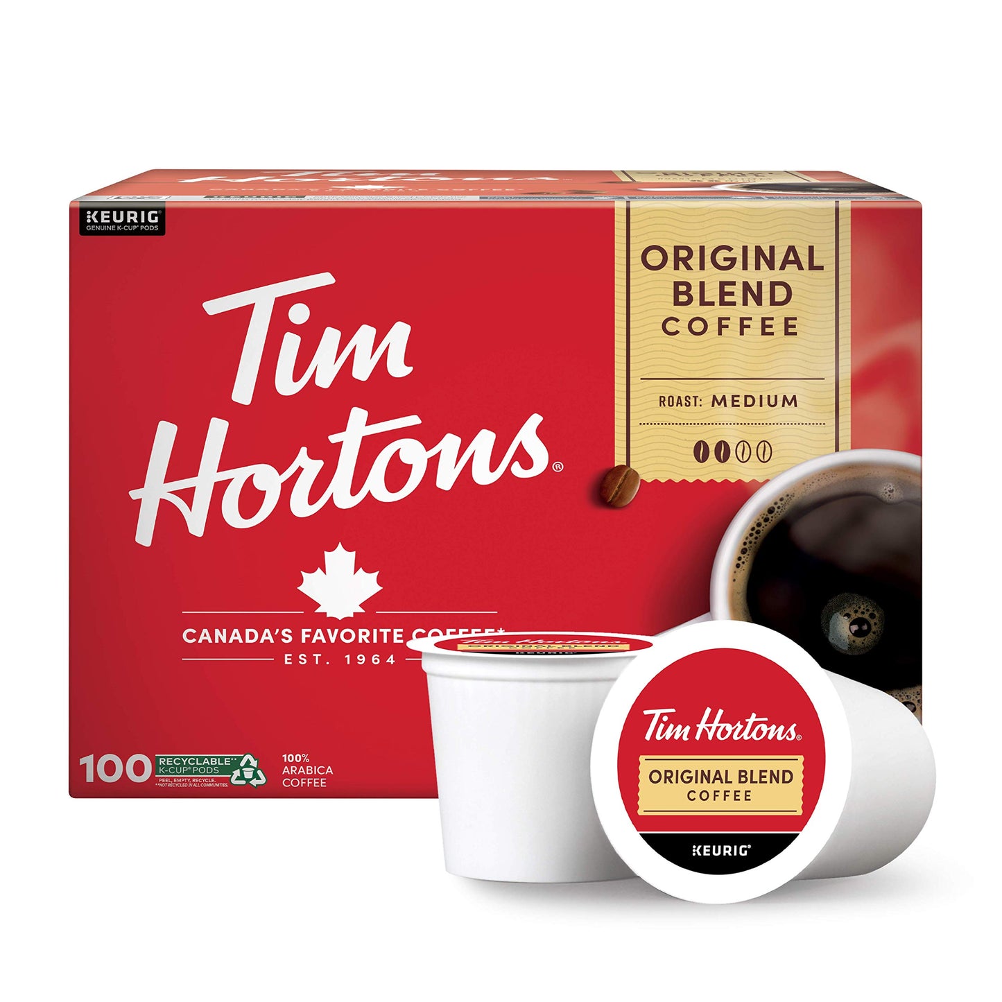 Tim Hortons Original Blend Medium Roast Coffee K-Cup Pods, 100 Count, Compatible with Keurig Brewers