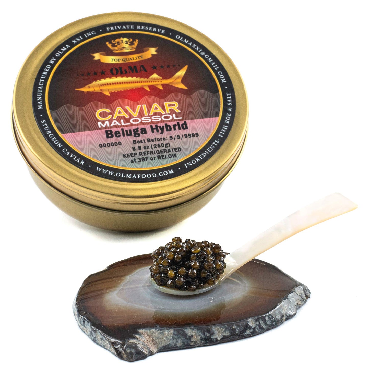 OVERNIGHT SHIPPING - OLMA Beluga Hybrid Black Caviar from Italy - Rated Top Caviar in the World - 8.8 oz / 250 g