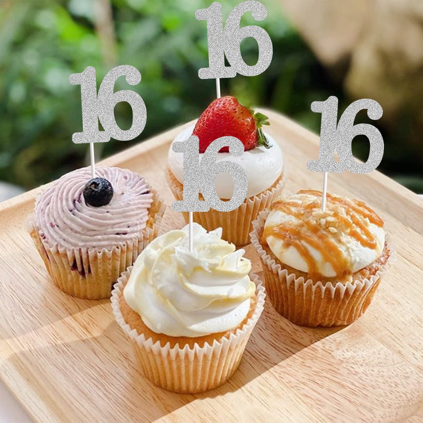 Sumerk 24Pcs Number 16 Cupcake Toppers Silver Glitter 16Th Birthday Cupcake Picks Anniversary Party Decorations