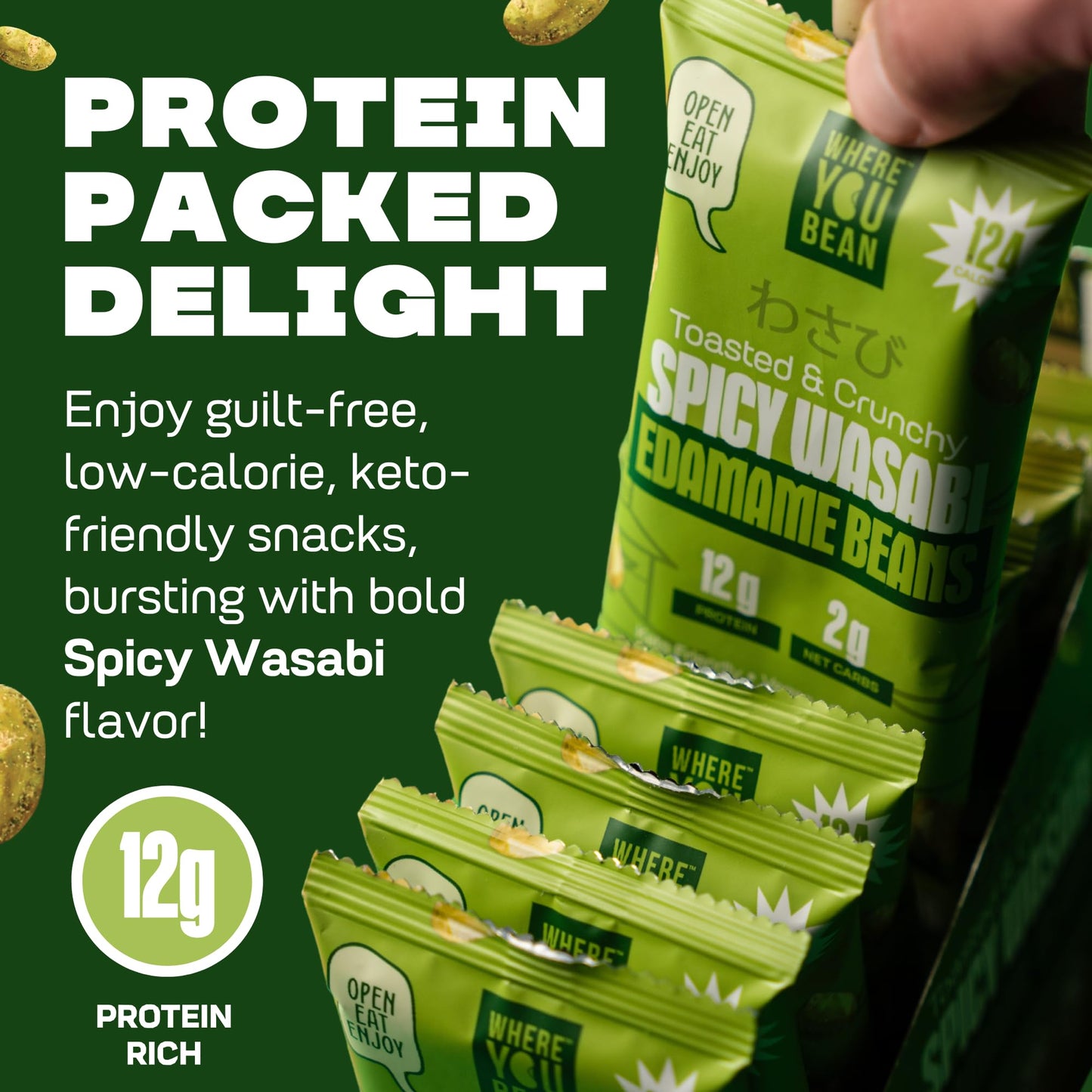 Where You Bean Edamame Beans Snack (Spicy Wasabi) - Crunchy And Dry Roasted Edamame Beans - High Protein Snacks, Keto And Vegan