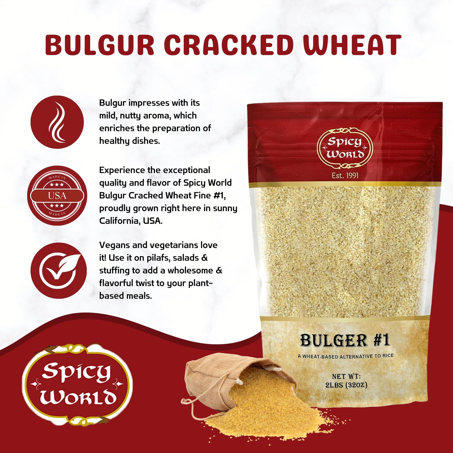 Spicy World Bulgur  ed Wheat, Fine #1, 2 LB Bag, 100% Natural, Great for Vegan Recipes