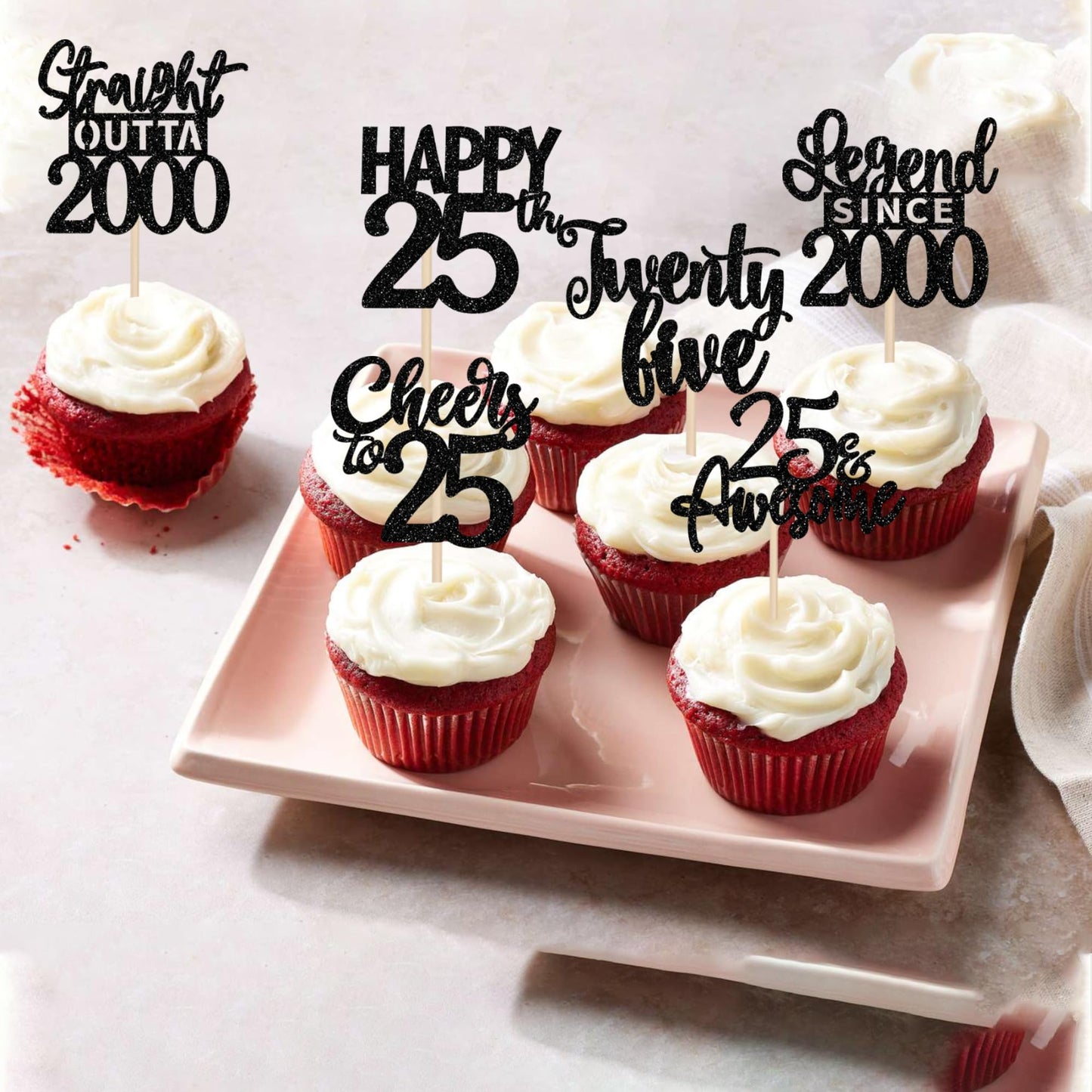 24Pcs Black Happy 25Th Birthday Cupcake Toppers Twenty Five Straight Outta 2000 Cupcake Picks Cheers To 25 Lengend Since 2000 Ca
