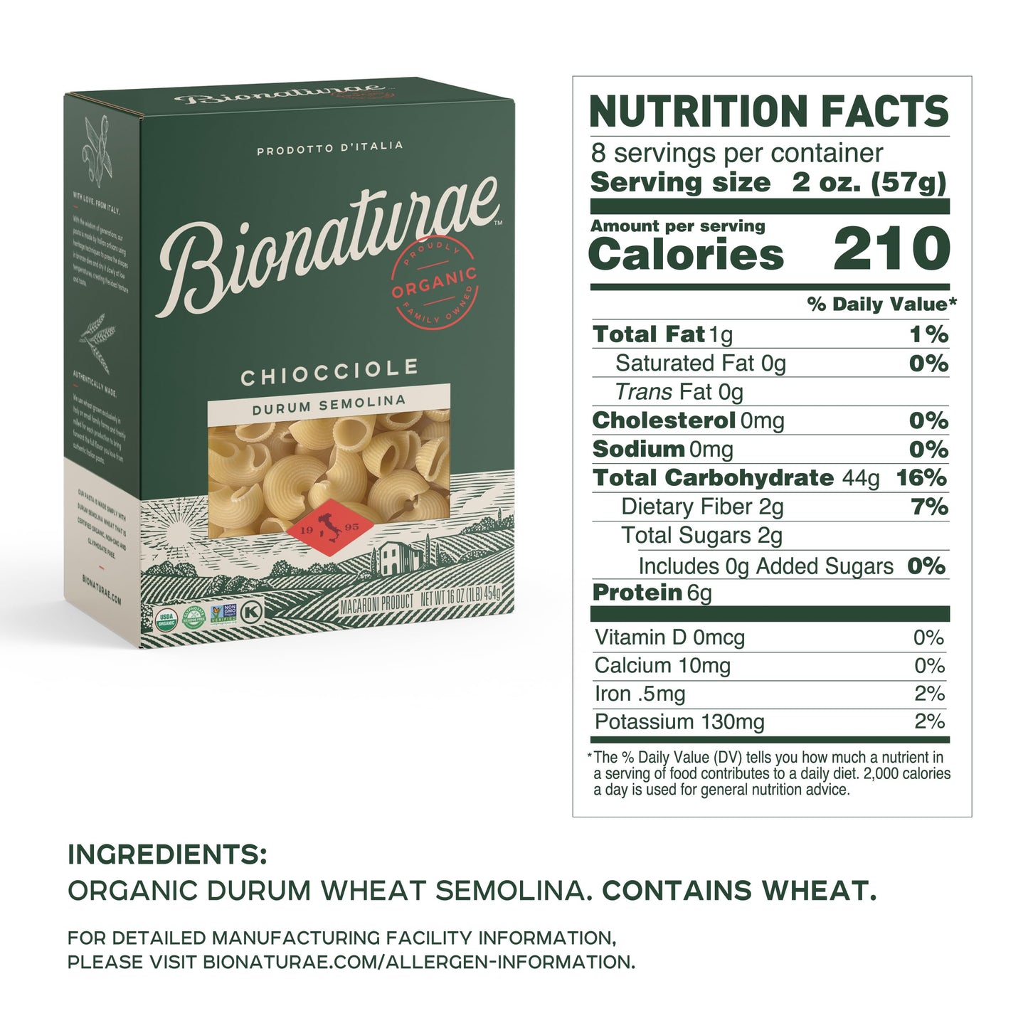 Bionaturae Chiocciole Pasta Noodles - Durum Semolina Pasta, Kosher, High Protein, Non-GMO, USDA Certified, Durum Semolina Chiocc