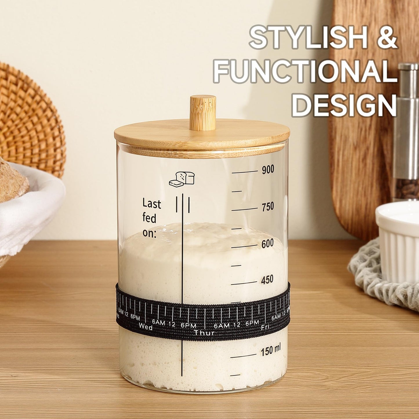 HomeFeel enhanced Sourdough Starter Jar - 34 Oz Large Glass Jar with Bamboo Lid  Cloth Cover  Date Tracker  Thermometer and Scr  Stylish Design and Wide Mouth Starter Kit (2 Pack)