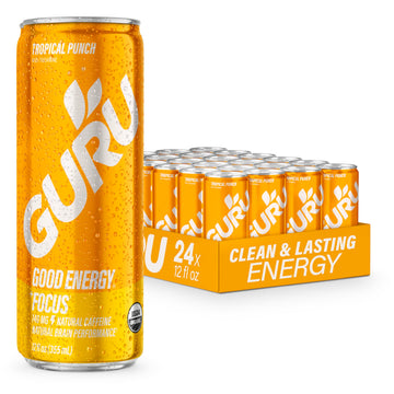 GURU Tropical Punch Organic Energy Drink, Plant-Based Caffeine, Gluten-Free, Vegan, 12 Fl Oz (Pack of 24)