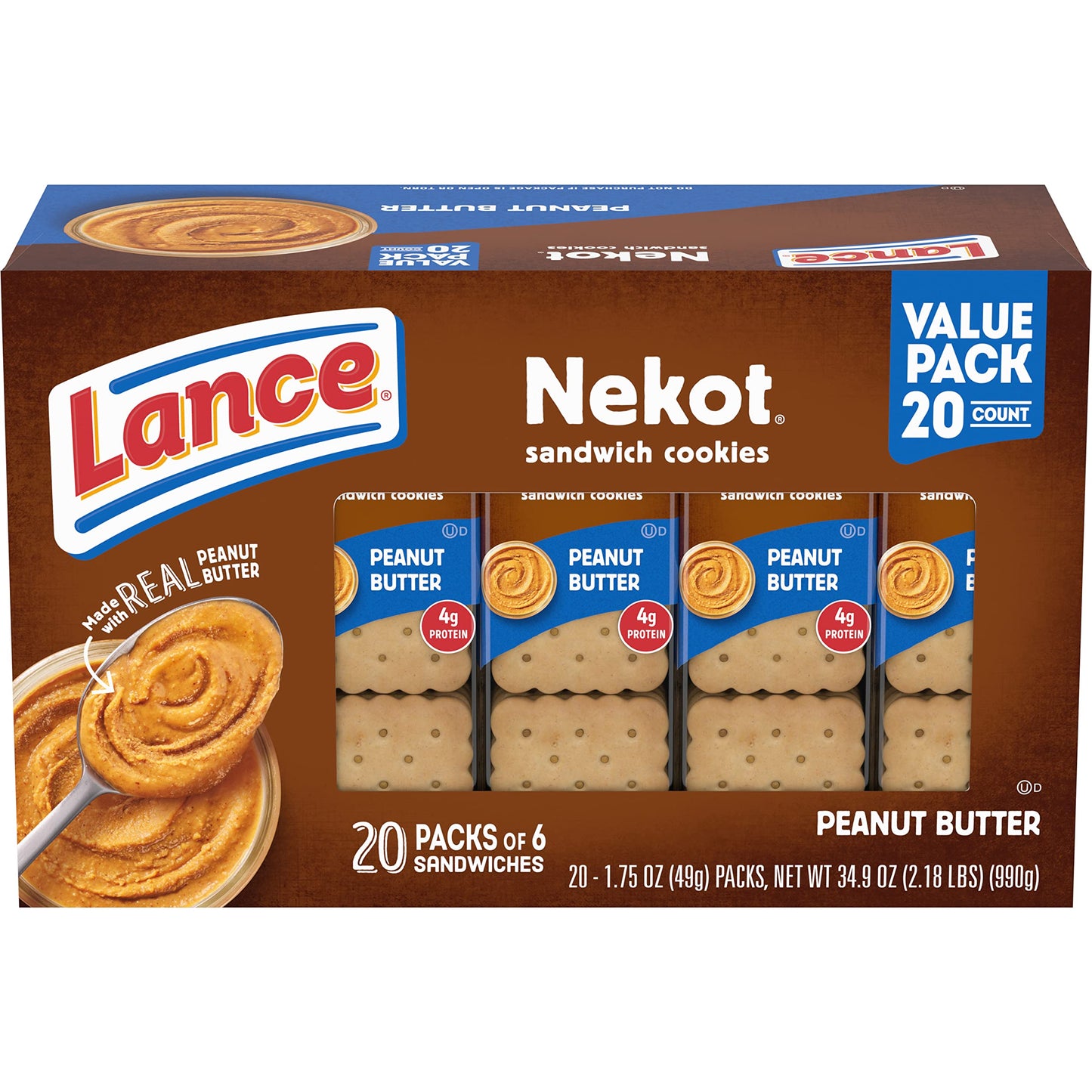 Lance Sandwich Cookies, Nekot Peanut Butter, 20 Individually Wrapped Packs, 6 Sandwiches Each (Pack of 6)