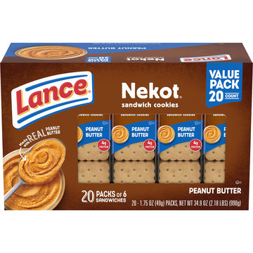 Lance Sandwich Cookies, Nekot Peanut Butter, 20 Individually Wrapped Packs, 6 Sandwiches Each (Pack Of 6)