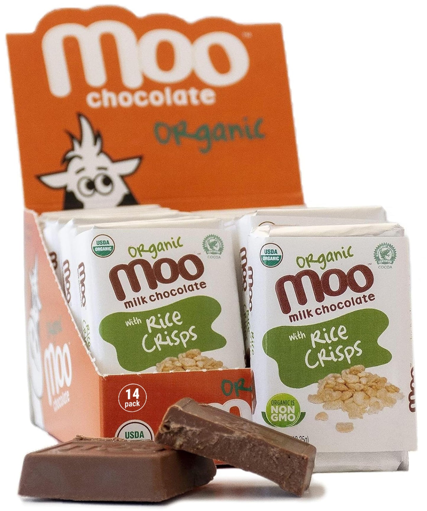 Moo Chocolates Organic Milk Chocolate Mini Bars with Rice Crisps 0.7oz, 14 ct (Pack of 1) | USDA Organic, Non-GMO | 100 Calorie 