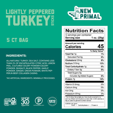 New Primal Lightly Peppered Turkey Sticks, Keto & Gluten Free Healthy Snacks for Adults, Sugar Free Low Carb High Protein Snack,