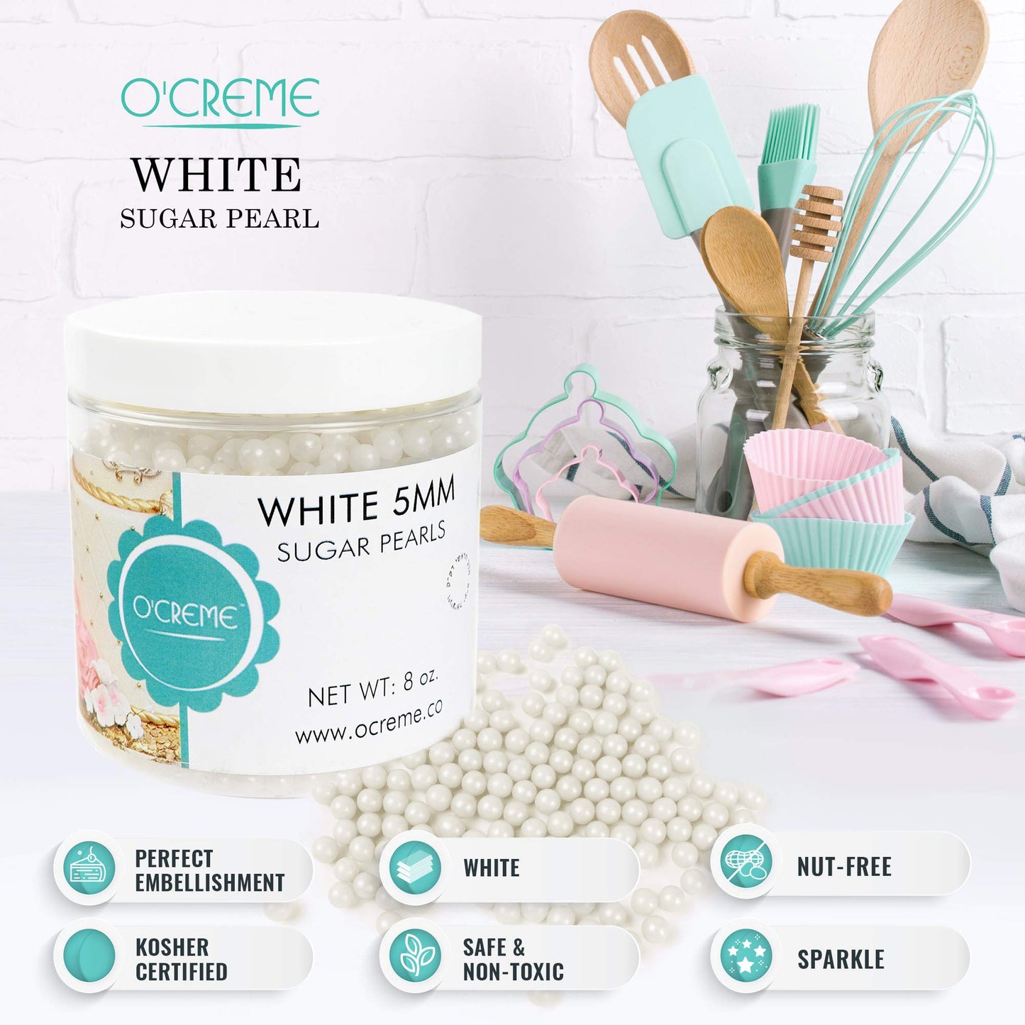 OCREME White Edible Sugar Pearls for Cake Decorating, 12mm, 8 Oz