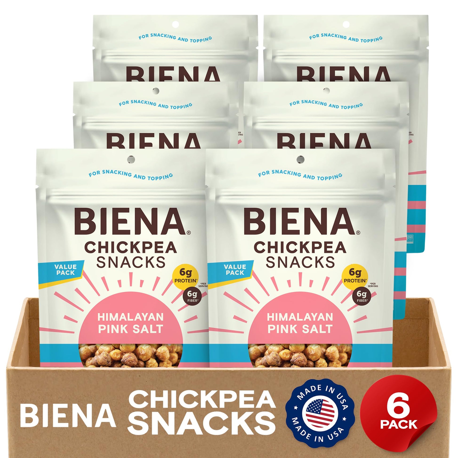 BIENA Chickpea Snacks - Crunchy Roasted Chickpeas - High Fiber Vegan Protein Snacks for Adults and Kids - 6 pack, 12 ounce Bags 