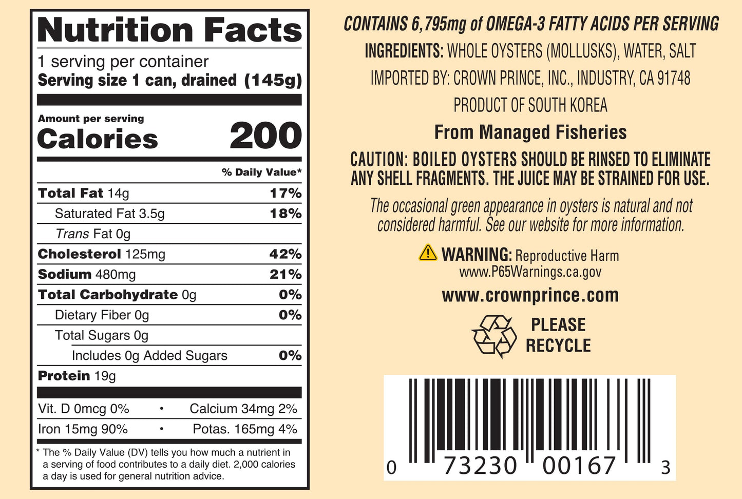 Crown Prince Boiled Oysters, 8-Ounce Cans, Pack of 12, Seafood Snack