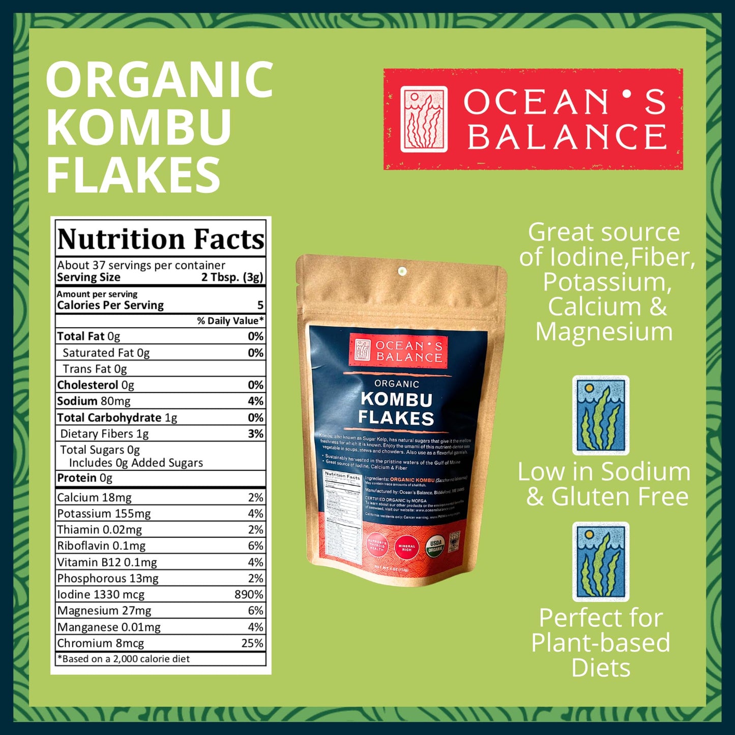 Oceans Balance Organic Kombu Flakes - Gluten Free, 4oz Bag - Perfect for Keto, Paleo, Vegetarian, Vegan Diets