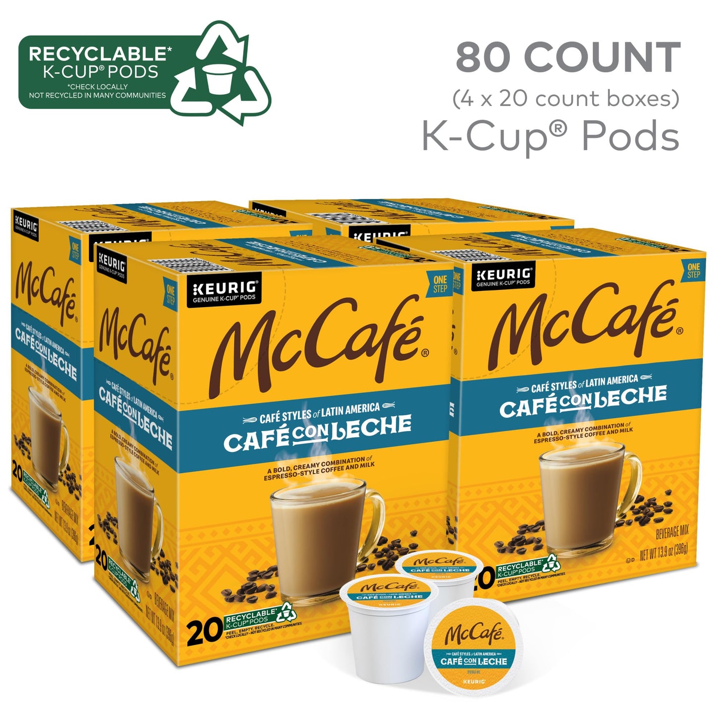 McCafe Cafe Styles of Latin America Cafe con Leche, Keurig Single Serve K-Cup Coffee Pods, 80 Count (4 Packs of 20)