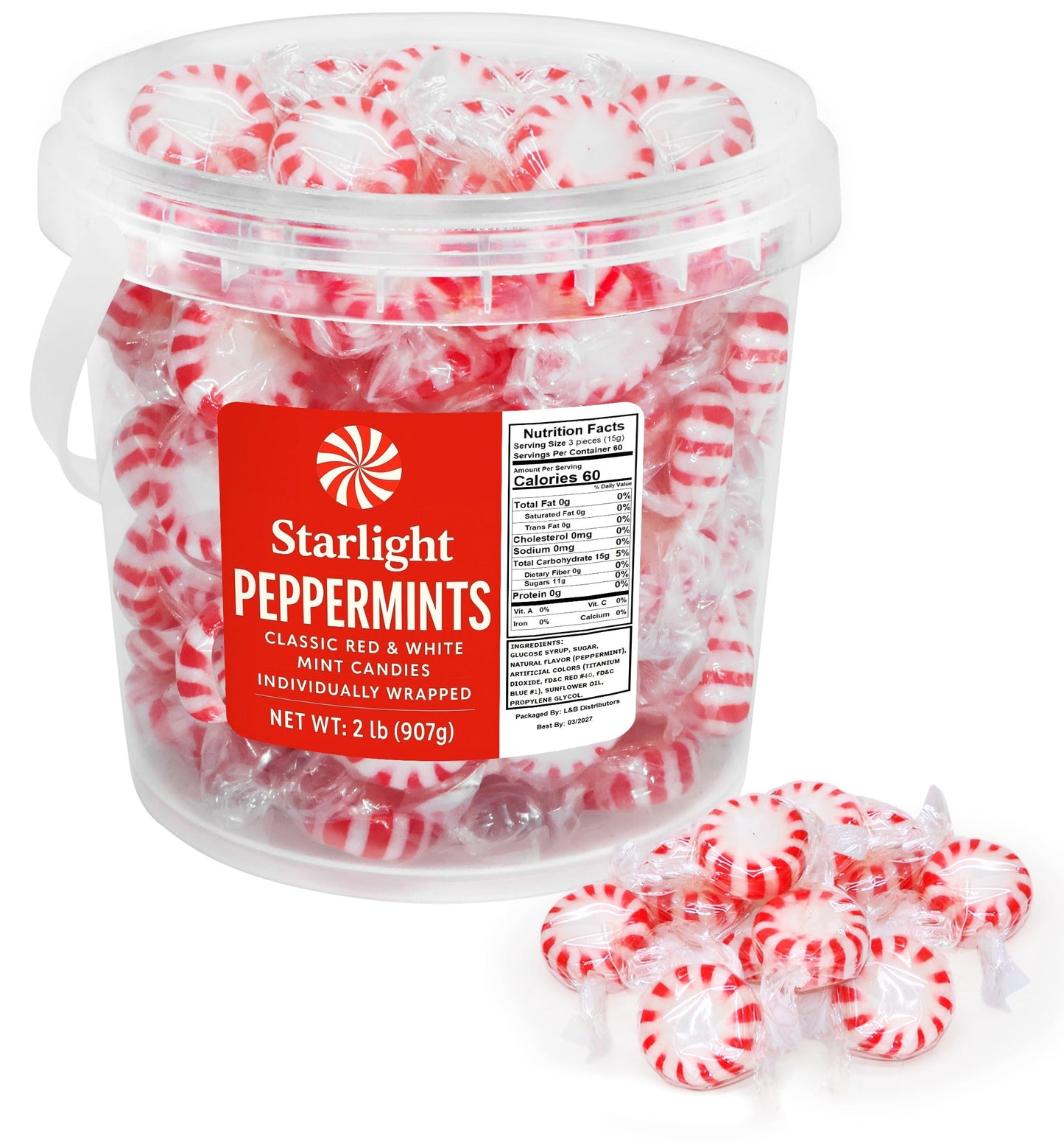 GEEOOLLAH Starlight Peppermint Candy 2 Pound Bucket - Individually Wrapped Red & White Hard Mints for Holidays, Parties, Candy Bowls