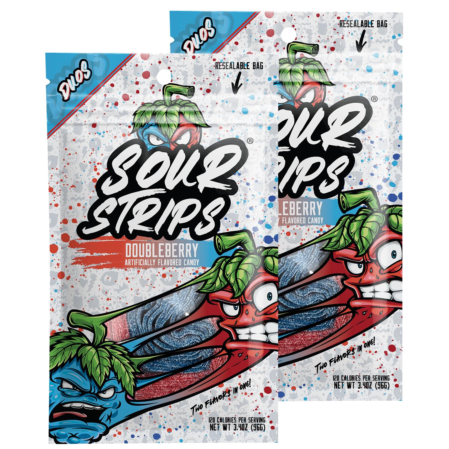 SOUR STRIPS Sour Strips Flavored Sour Candy Strips, Deliciously Sour Chewy Candy Belts, Vegetarian Candies, 2 Pack (Doubleberry 