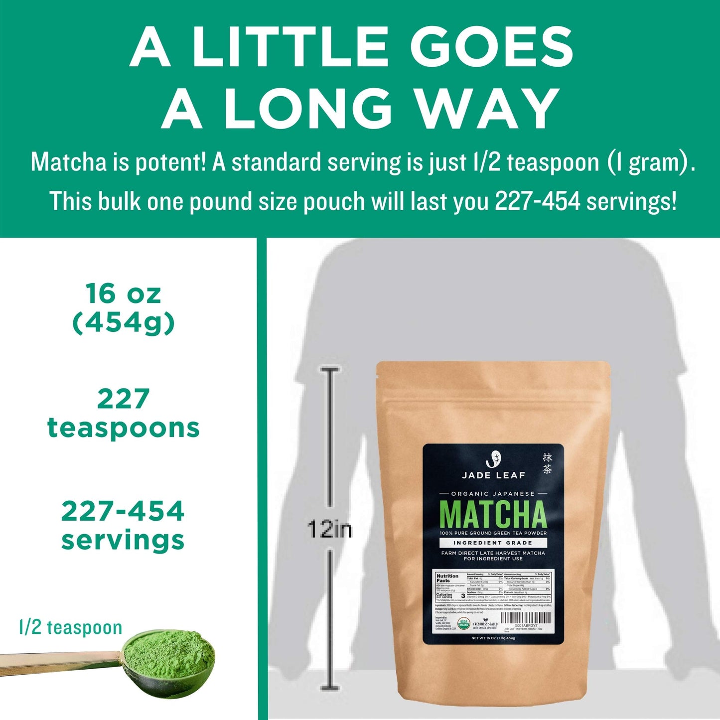 Jade Leaf Matcha Organic Green Tea Powder  Ingredient Grade  Farm Direct Late Harvest - Authentically Japanese (1 Pound Pouch)