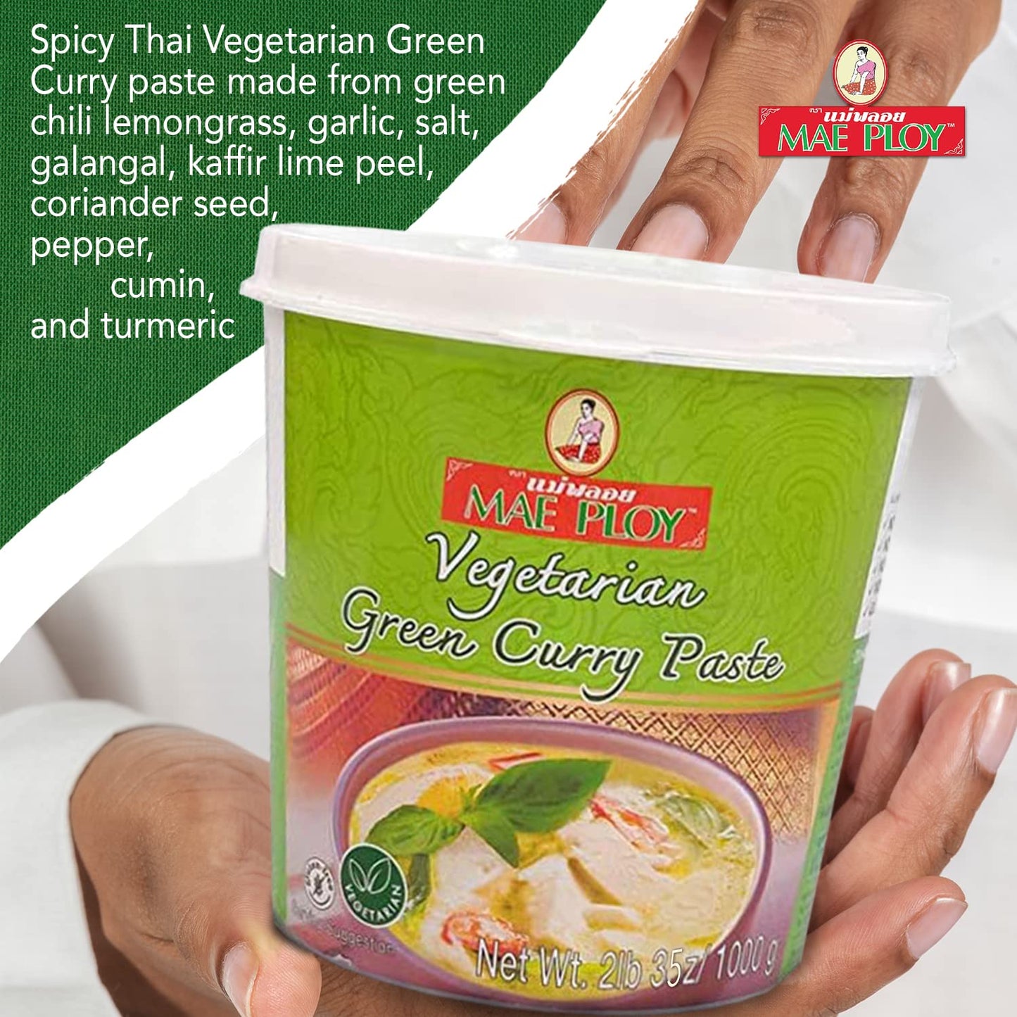 Mae Ploy Vegetarian Green Curry Paste, Authentic Thai Spices, 35 oz Tub, No MSG, Preservatives, 2.18 lb