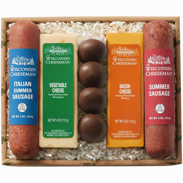 The Wisconsin Cheeseman 5-Piece Delights - Summer Sausage Meats and Cheeses Gift Basket with Bacon and Vegetable Cheeses and Tru
