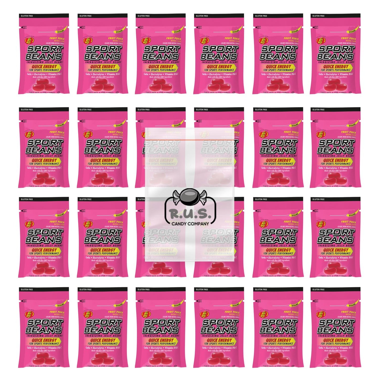 Jelly Belly Sport Beans- Energizing Jelly Beans - 24 Pack-includes RUS Candy Company Travel Size Pocket Bag (Fruit Punch)
