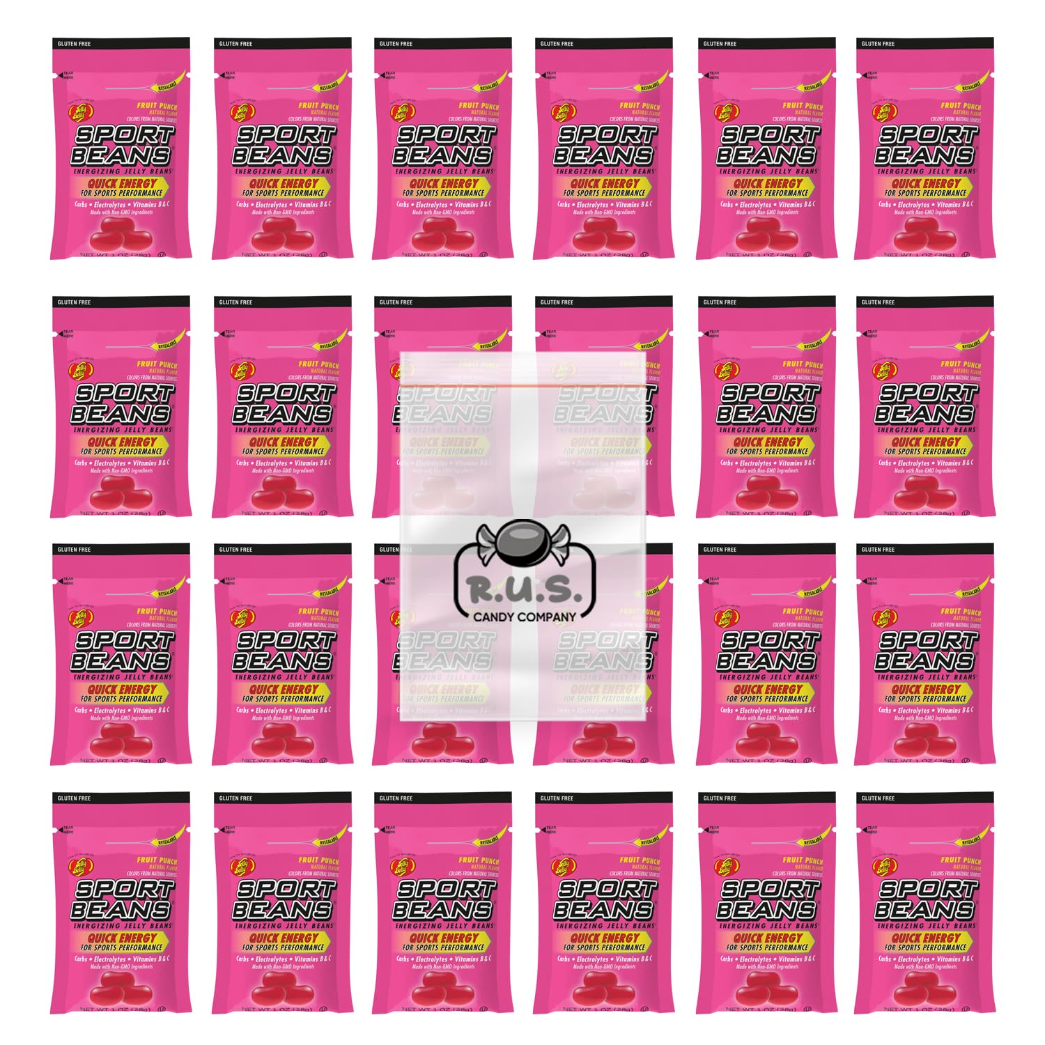 Jelly Belly Sport Beans- Energizing Jelly Beans - 24 Pack-includes RUS Candy Company Travel Size Pocket Bag (Fruit Punch)