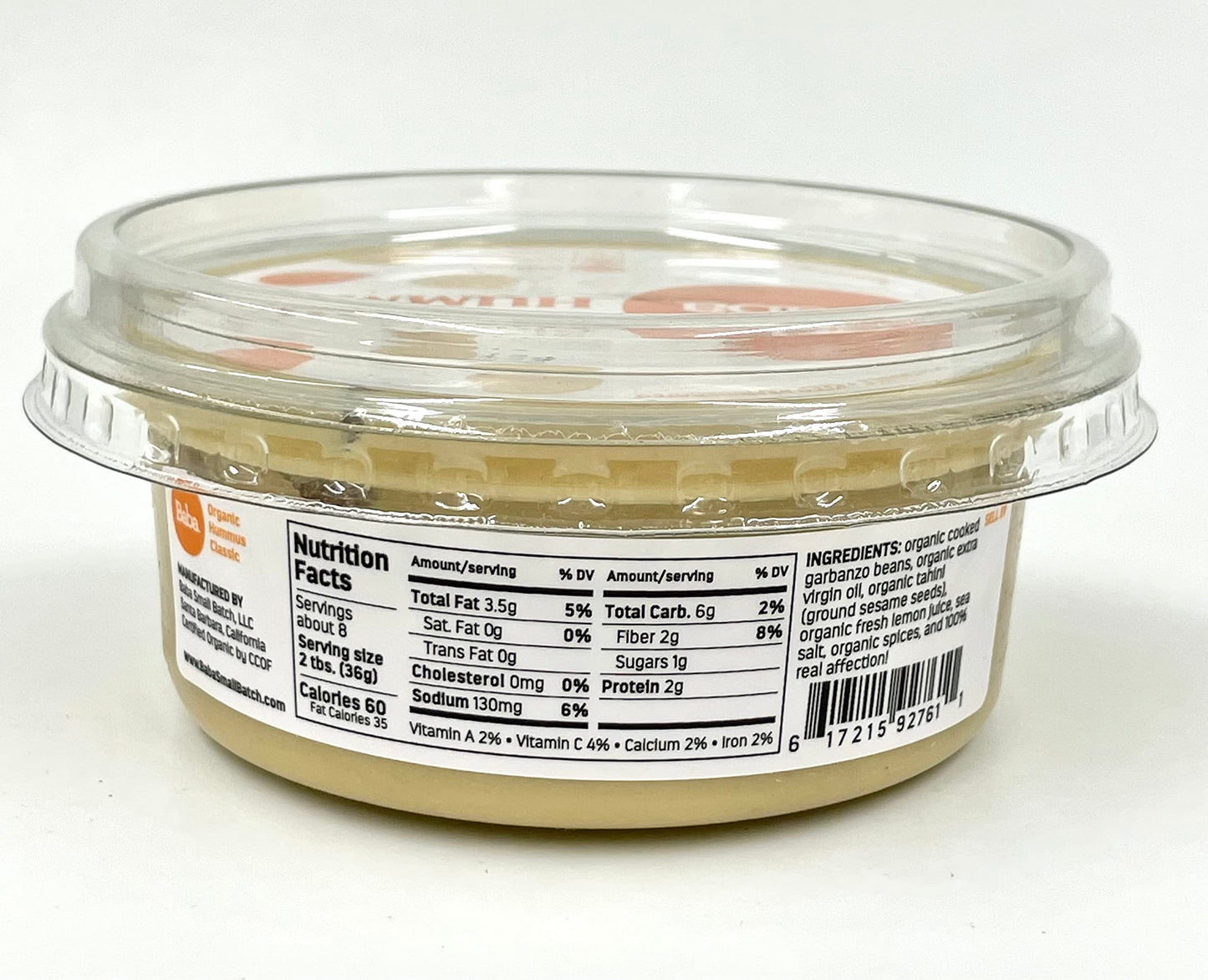 Baba Organic Hummus (8 Oz) - Usda Organic, Gluten Free, Vegan, Non-Gmo, Cholesterol Free, Zero Preservatives (Classic Hummus)