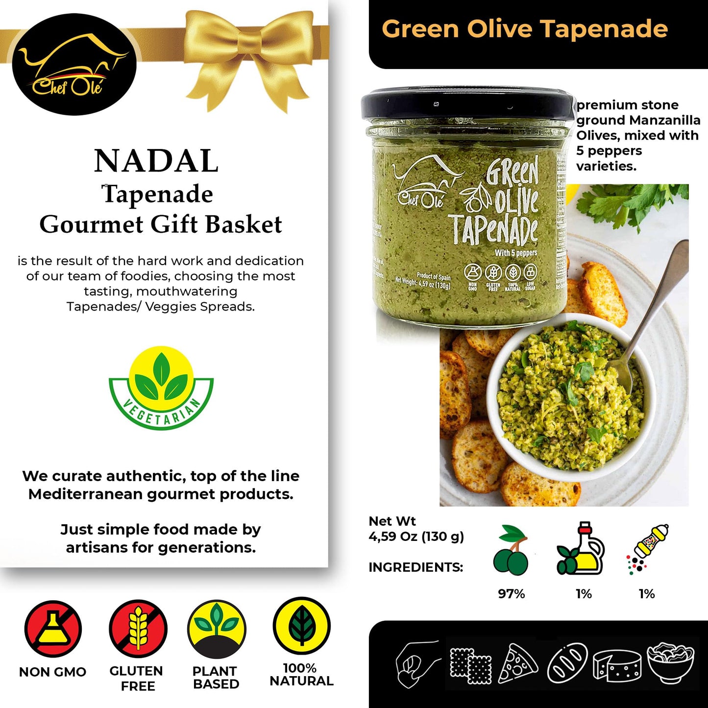 Chef Ole'S Party Set Of 5 Healthy Tapenades/Dips - Includes Hummus Type, Olive Tapenade, Black Olives, Green Olives, Asparagus,